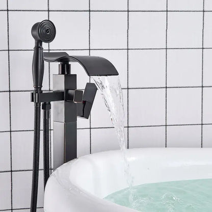 Modern black matte waterfall bathtub mixer faucet with integrated handheld showerhead for versatile bathroom use