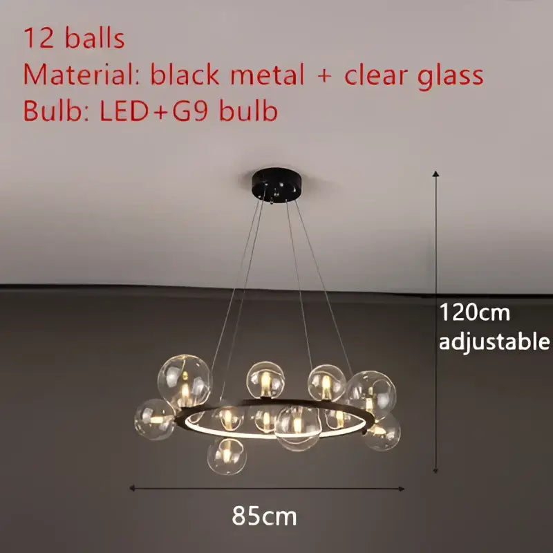 Modern black metal clear glass led chandelier with 12 spheres and g9 bulbs for dining room decorbites clear glass design