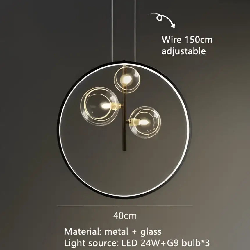 Modern black metal clear glass led chandelier with three bulbs in a circular frame for dining room decorbites clear glass
