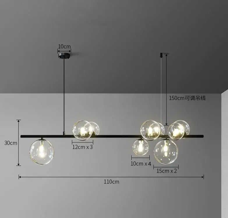 Modern black metal clear glass led chandelier with globe bulbs arranged on a horizontal bar for dining room decorbites clear glass