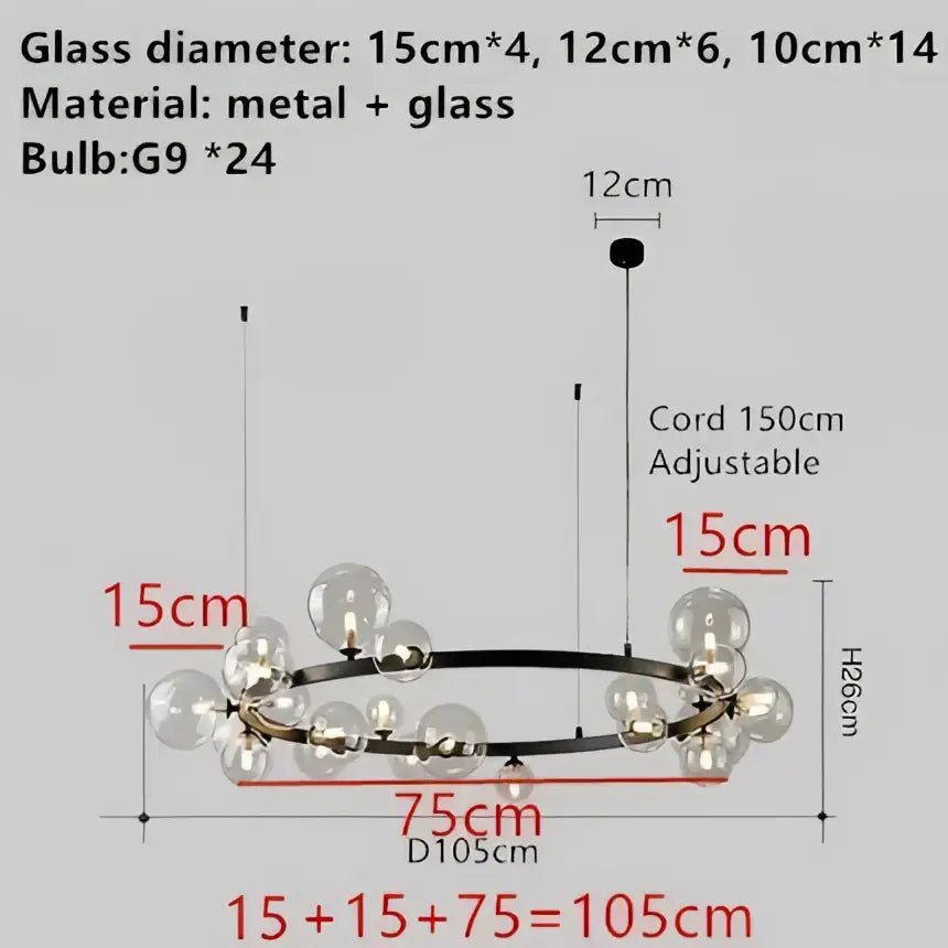 Modern black metal clear glass led chandelier with multiple clear glass spherical bulbs for dining room decorbites clear glass