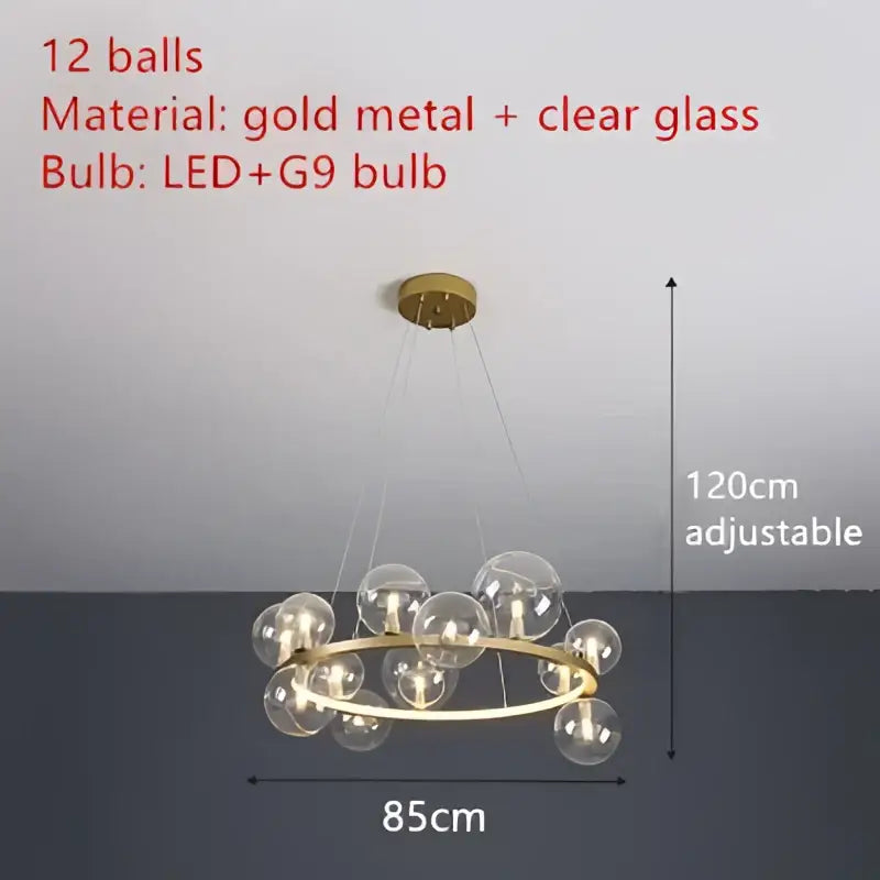 Modern black metal clear glass led chandelier with 12 gold metal clear glass spheres for dining room decorbites clear glass lighting