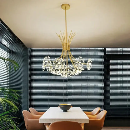 Modern black metal dandelion chandelier with gold-toned sculptural arms and cascading crystal elements by decorbites dandelion chandelier