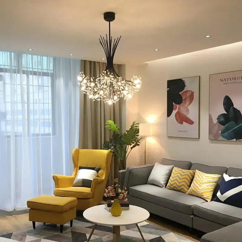 Modern black metal dandelion chandelier with twig-like design and sparkling lights for living room decorbites dandelion chandelier