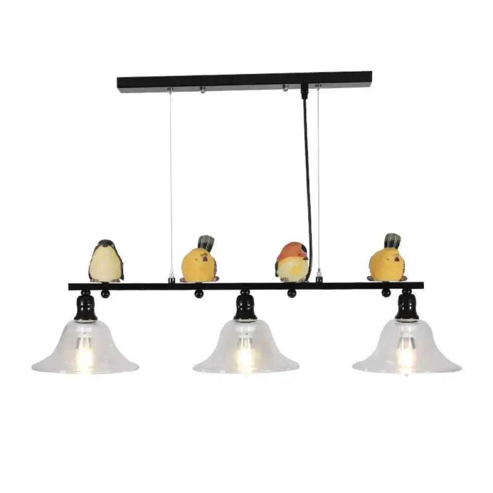 Modern black metal island pendant light with four colorful bird figurines and three clear glass shades 110v-120v