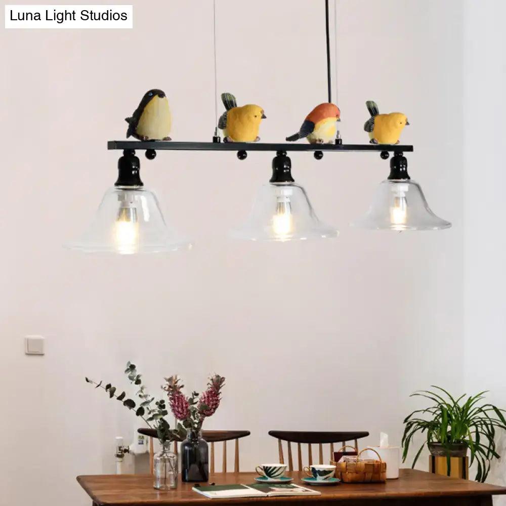 Modern black metal island pendant light with four clear glass bell shades and decorative birds 110v-120v metal island pendant