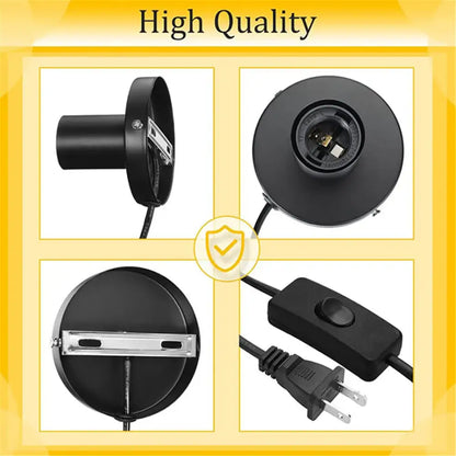 Modern black metal lamp base for bedroom featuring a black plastic ceiling light fixture with built-in switch and plug decorbites black metal lamp