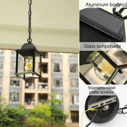Modern black metal lantern courtyard pendant light with aluminum body glass shade and stainless steel screws decorbites garden pendant