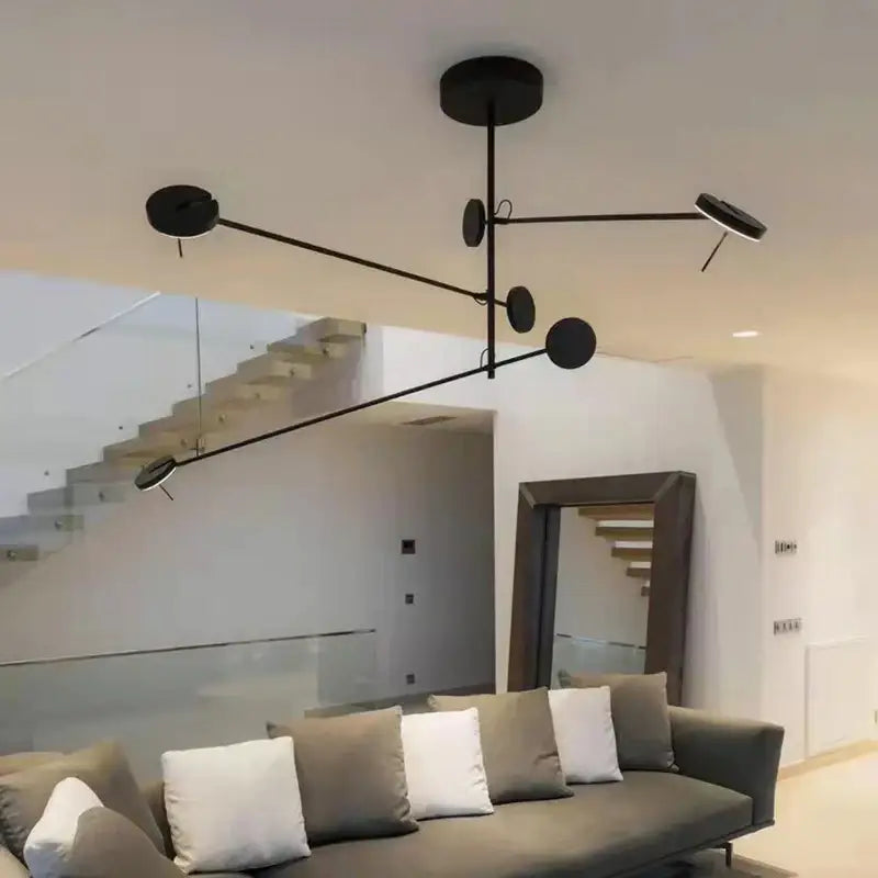Modern black metal led chandelier with circular light fixtures and slender arms for living room decorbites black metal design