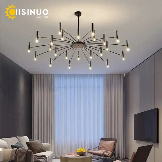 Modern black metal pendant light with multiple slender arms and glowing bulbs helps create ambiance over dining table