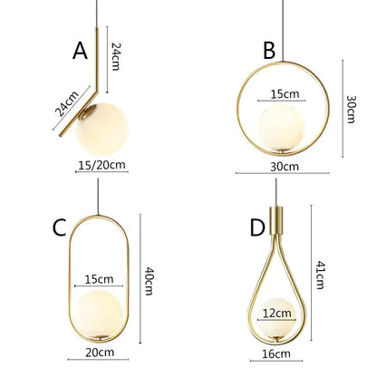 Modern pendant light with gold-toned black metal ring and frosted glass globe shades in four geometric designs