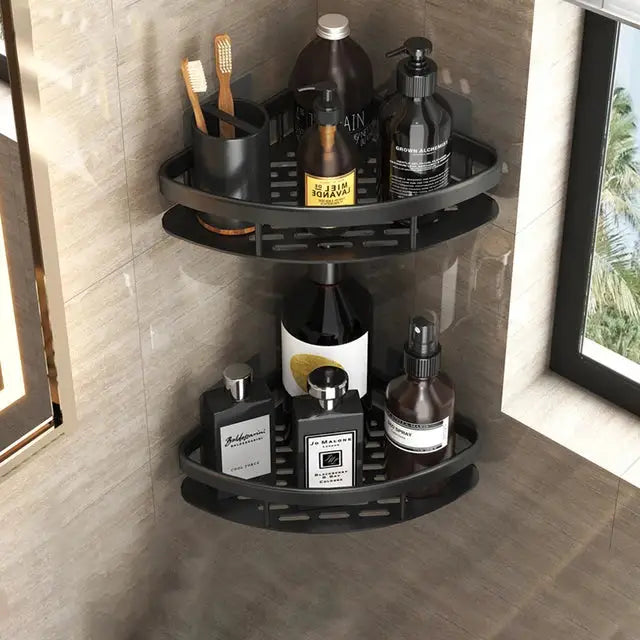 Modern black metal tiered bathroom corner shelves with slotted design and matte finish for decorbites bathroom corner storage