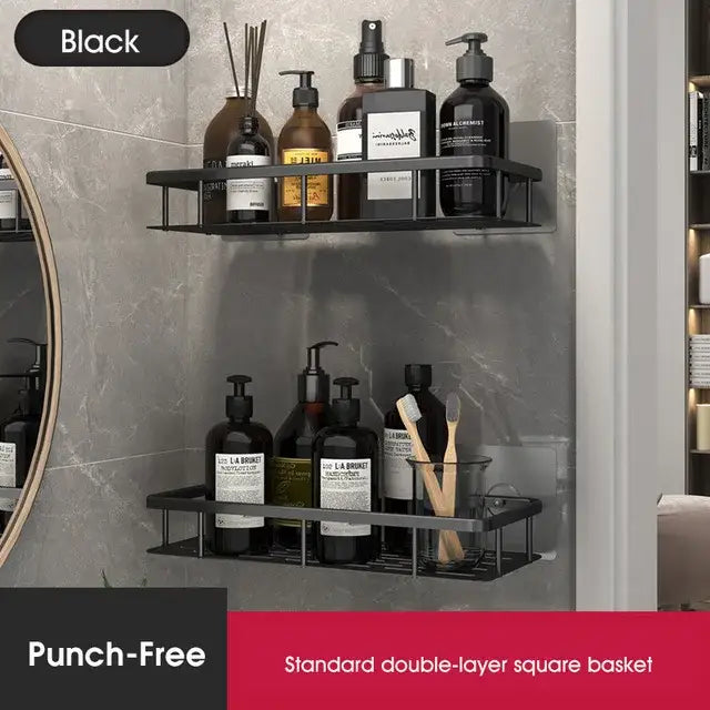 Modern black metal double-layer square basket with minimalist design for decorbites bathroom corner shelves storage rack