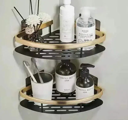 Modern black metal tiered bathroom corner shelves with perforated gold two-tiered design for decorbites bathroom storage rack