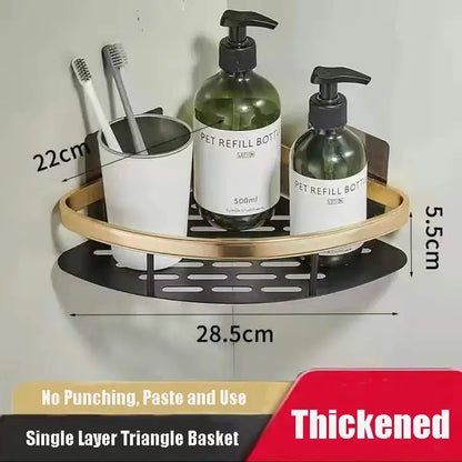 Modern black metal tiered bathroom corner shelves with gold and black triangular perforated base for decorbites bathroom corner storage