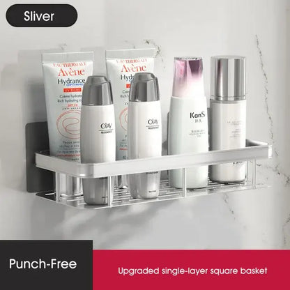 Silver metallic wall-mounted bathroom corner shelves holding skincare products decorbites bathroom corner storage rack