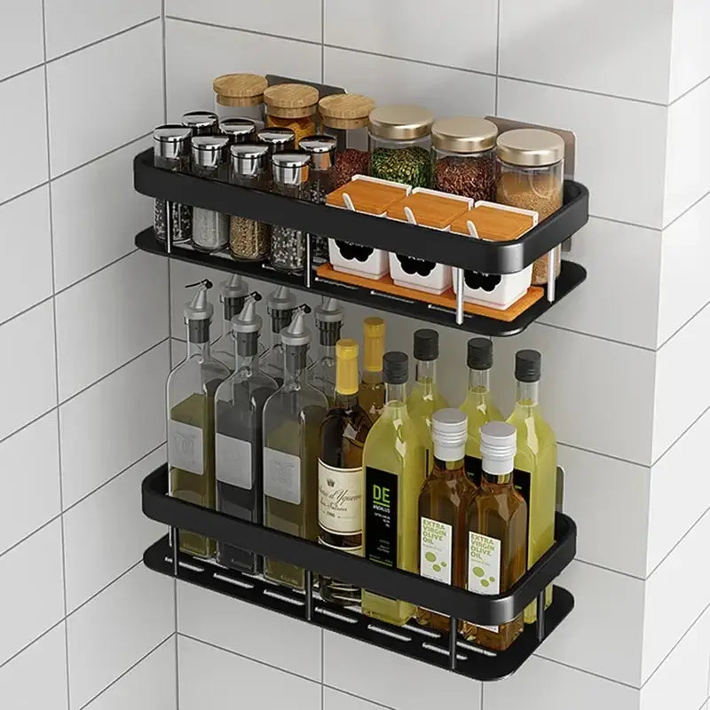 Black metal two-tier wall-mounted bathroom corner shelves storage rack by decorbites for organized bathroom corner shelves