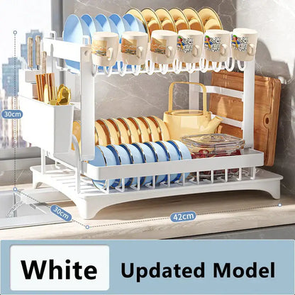 White two-tier dish drainer rack with curved hooks and slatted trays for drying plates mugs and cutlery organizer