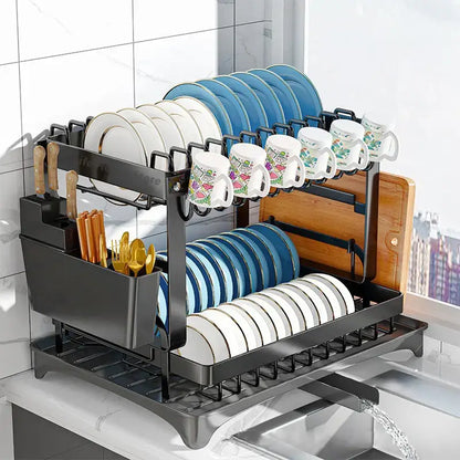 Modern black metal two tier dish drainer rack with integrated utensil holder and cutting board slot kitchen organizer