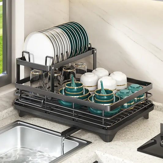 Modern black metal two tier dish drying rack by decorbites kitchen with sleek design for efficient kitchen organization