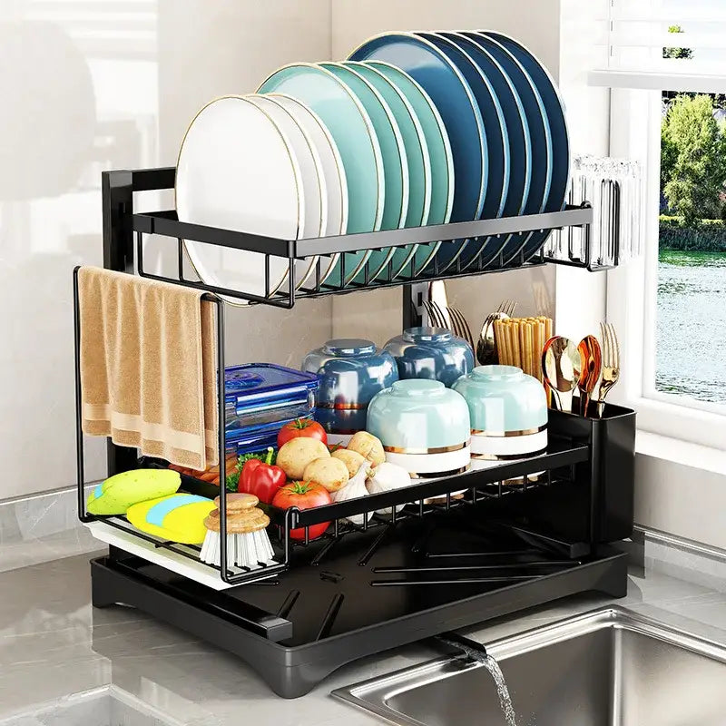 Modern black metal two tier dish drying rack with towel holder and utensil storage for efficient kitchen drying