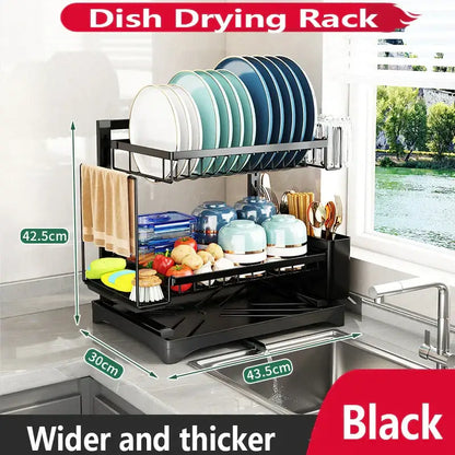 Modern black metal two tier dish drying rack with towel holder and utensil storage compartments for kitchen use