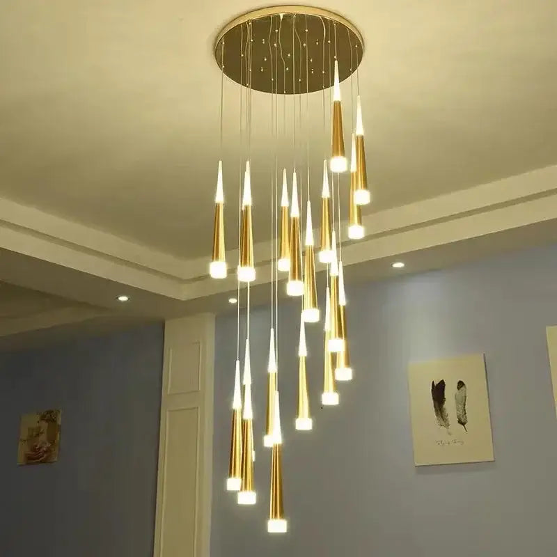 Modern black meteor shower crystal chandelier with gold-toned tapered cone lights on circular ceiling mount