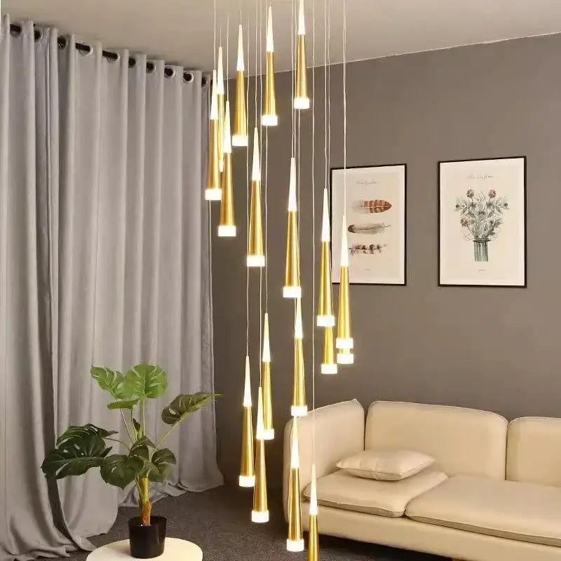 Modern black meteor shower crystal chandelier with gold-toned tapered cylindrical shades and integrated led lighting