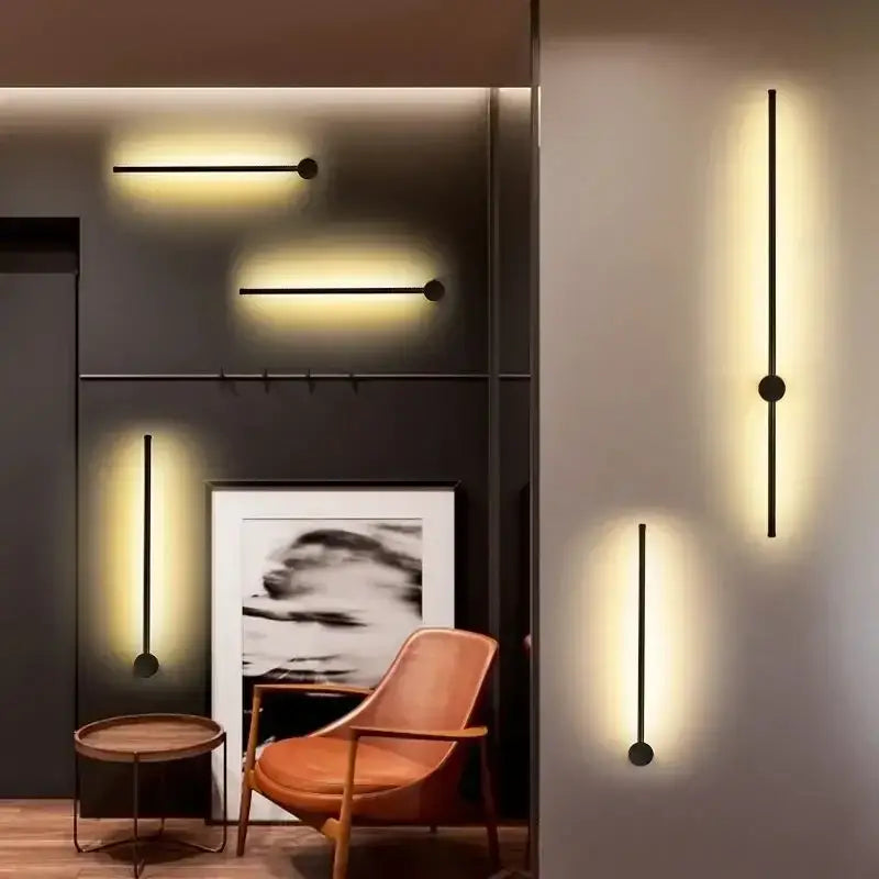 Modern black minimalist decorbites led strip wall lamp with warm yellow light and spherical accents for staircase lighting