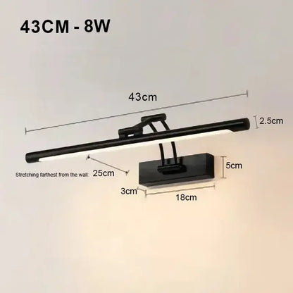 Modern black minimalist led wall lamp with adjustable arm designed for bathroom vanity lighting