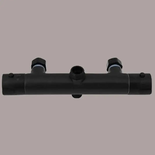 Black plastic modern mixer valve with two hexagonal caps and central threaded port for brass thermostatic shower fittings