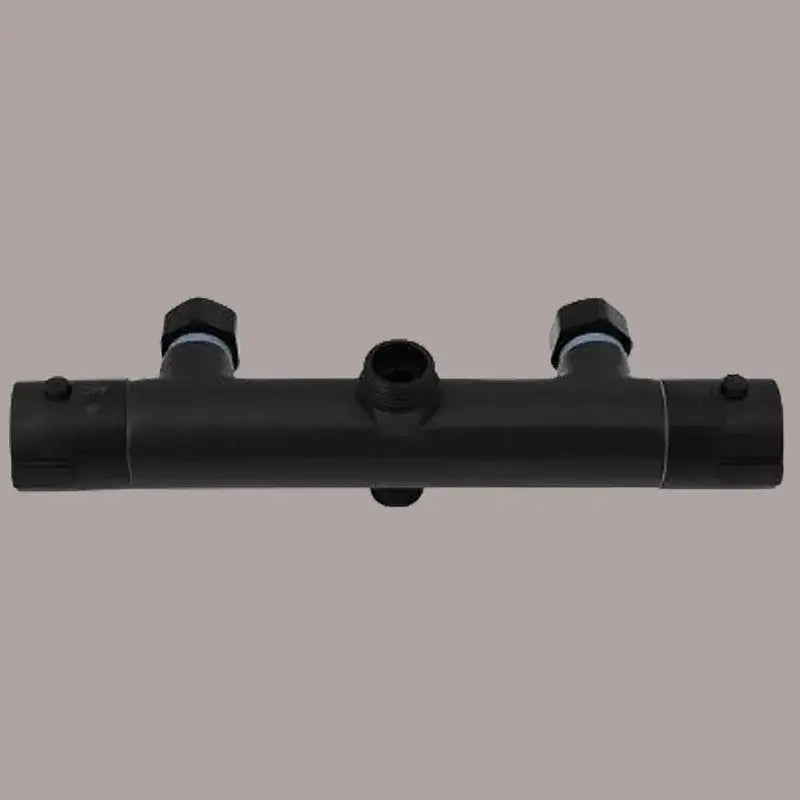 Black plastic modern mixer valve with two hexagonal caps and central threaded port for brass thermostatic shower fittings