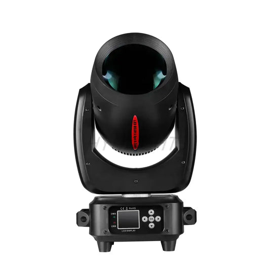 Modern black moving head light spotlight with sleek cylindrical lens housing and lcd control panel for party room use