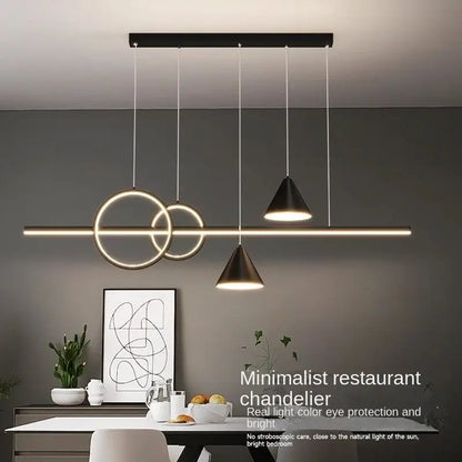 Modern black nordic designer dining pendant light with minimalist geometric circular and conical shades on sleek bar