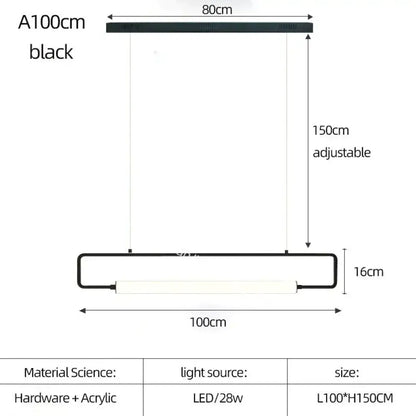 Black rectangular led pendant light with sleek acrylic design for nordic minimalist bar hanging 100cm by 150cm