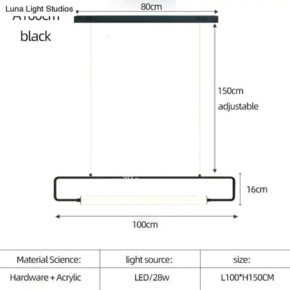 Black rectangular led pendant light with sleek acrylic and hardware design, 100cm by 16cm, nordic minimalist bar hanging