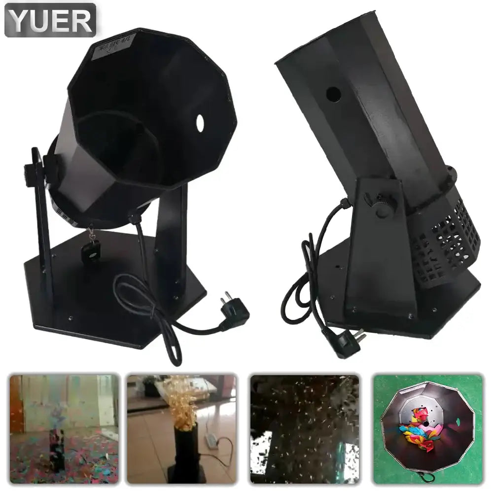 Modern black yuer confetti cannon with hexagonal body and adjustable stand for 1500w rgb confetti effects