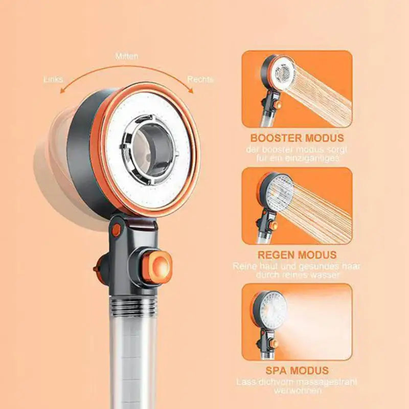 A modern black and orange decorbites dual switch shower head with multiple spray modes for high pressure bathroom use