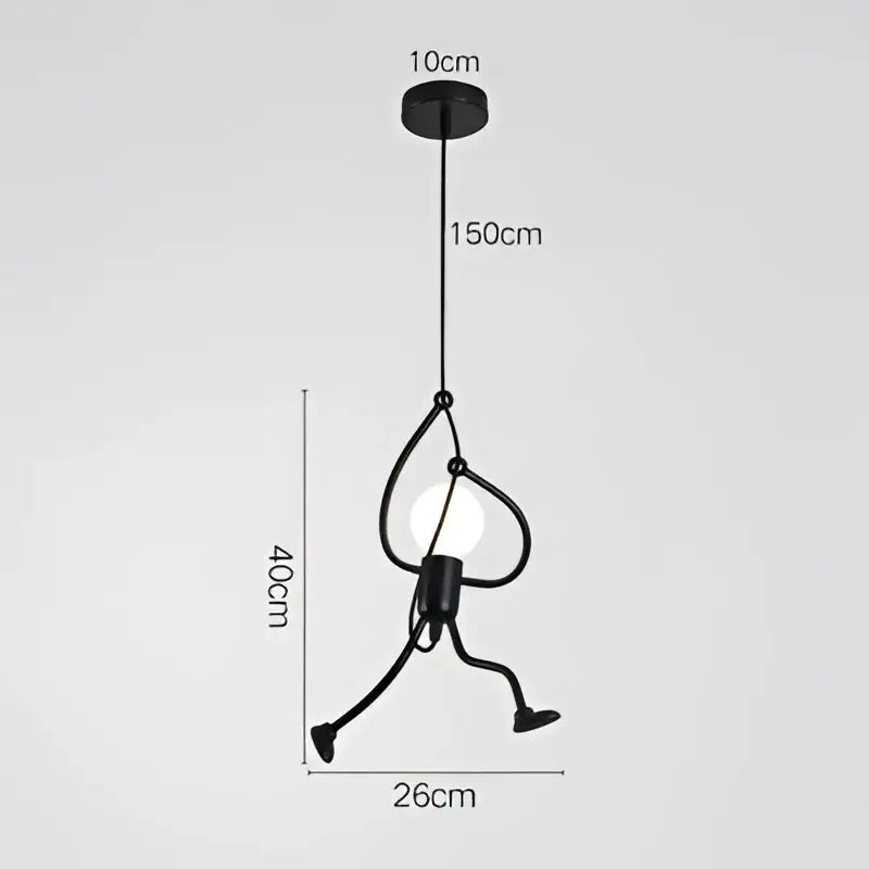 Modern black metal pendant light with black finish and integrated led bulbs shaped like a stick figure for dining room