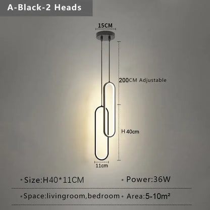 Black finish modern pendant light with two interlocking oval led bulbs suspended by thin cords for dining room