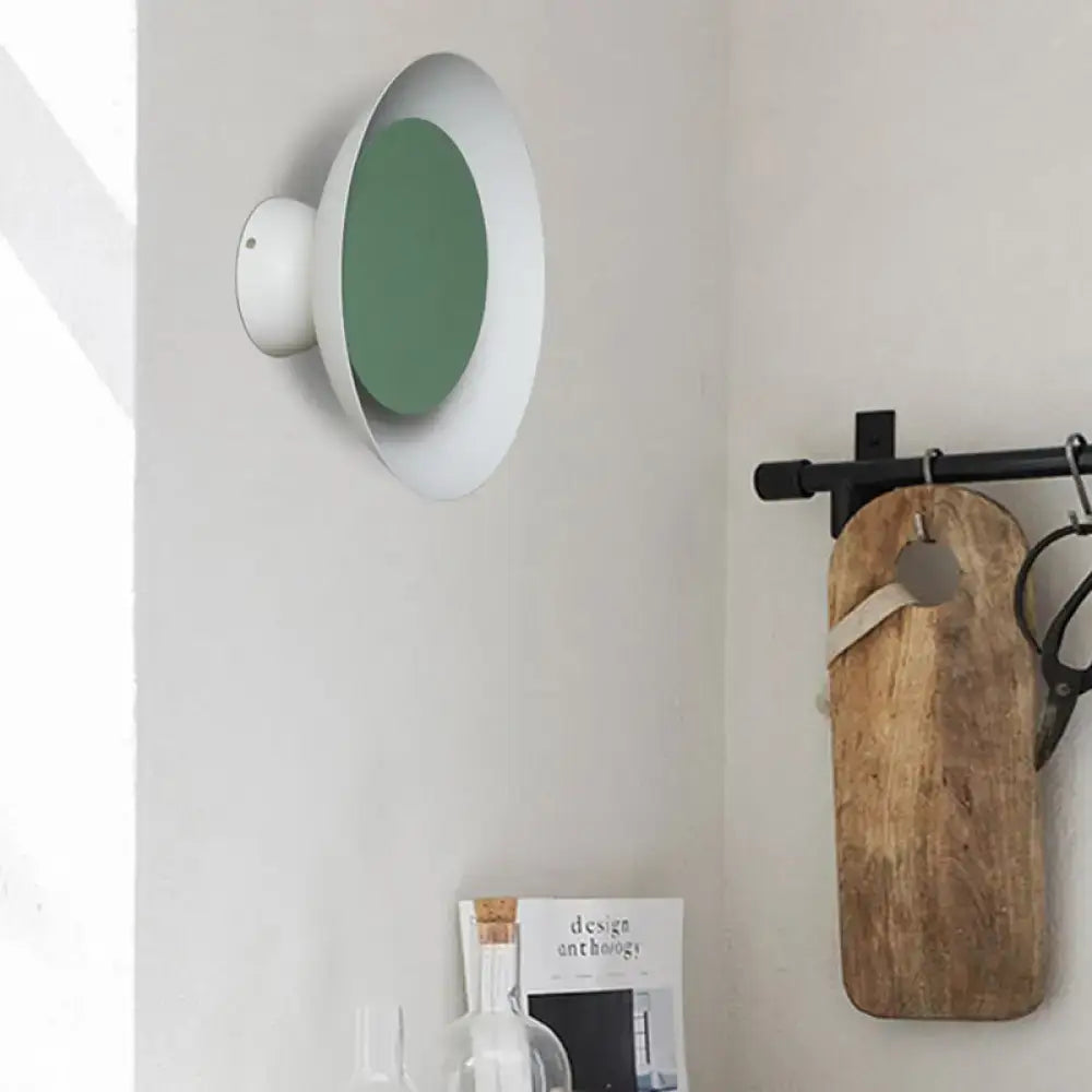 White and green circular wall sconce light fixture with a matte finish for modern bedroom circle sconce lighting