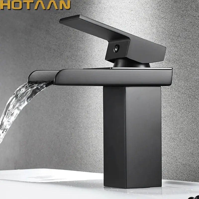 Modern black plated brass waterfall faucet with matte finish and angular design for bathroom sink mixer