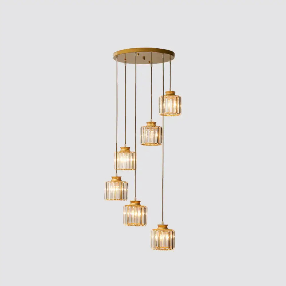 DecorBites™ modern prismatic crystal cylindrical pendant ceiling light in black gold with five cascading glass shades