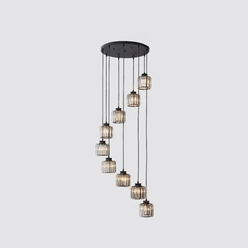 DecorBites modern black metal chandelier with prismatic crystal cylindrical glass pendants for stairway lighting