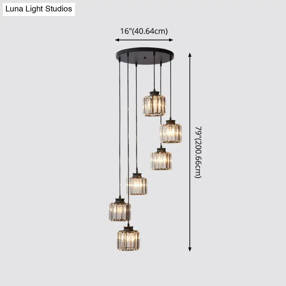 Black metal chandelier with five cascading prismatic crystal cylindrical pendant lights for modern stairway decor