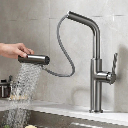 Modern black pull kitchen faucet by decorbites features a matte finish with a flexible pull-out spray and waterfall stream