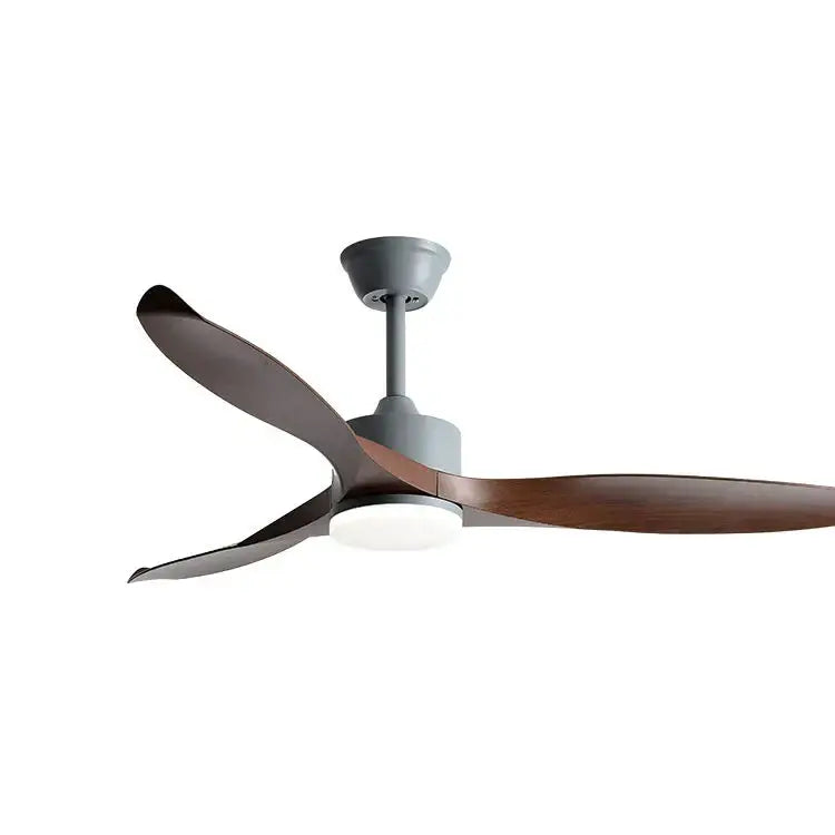 Modern black pure copper ceiling fan with three dark wood blades led light and remote control in gray metallic housing