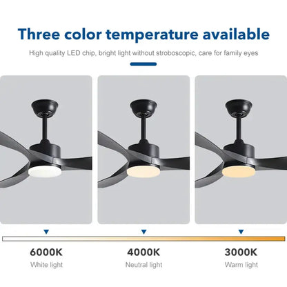 Modern black pure copper ceiling fan with sleek blades, built-in led light with three color temperatures and remote control