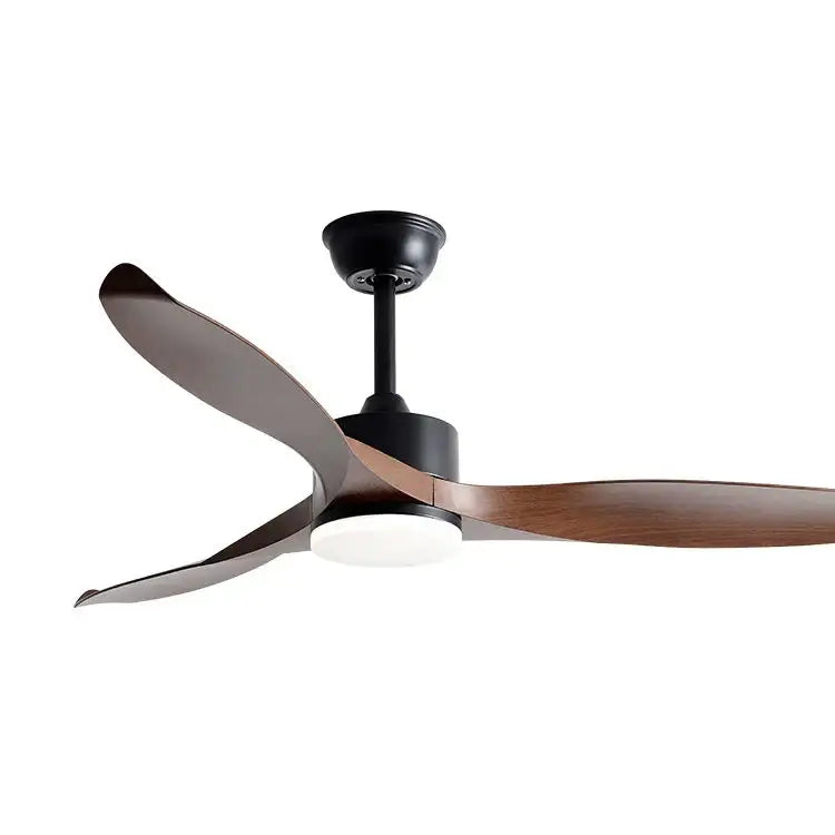 Modern black pure copper ceiling fan with three dark wood blades led light and remote control in sleek metal housing