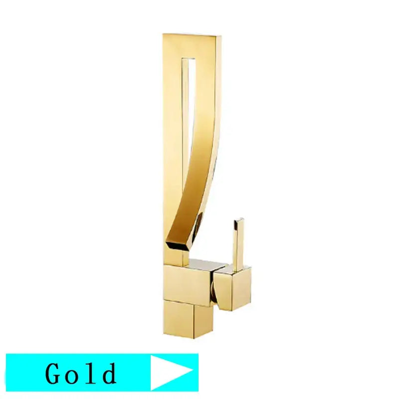 Gold-colored modern single handle basin faucet with sleek angular design and polished metallic finish for bathroom use